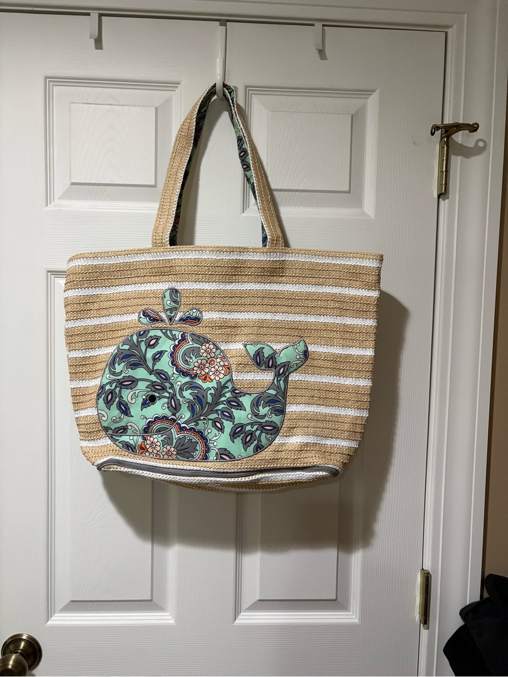 Vera Bradley Natural & White Striped Tote with Mint Paisley Whale